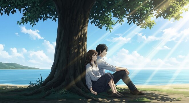 Couple under tree near sea