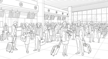 Obraz premium Line Art Depiction of a Crowded Airport Terminal Scene.