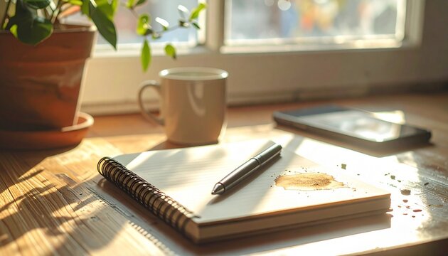 Calm and productive morning atmosphere at the wooden table near the window.&nbsp;Natural sunlight shines on an open spiral notebook with small coffee stains, a black pen, a warm coffee cup and a potted plk