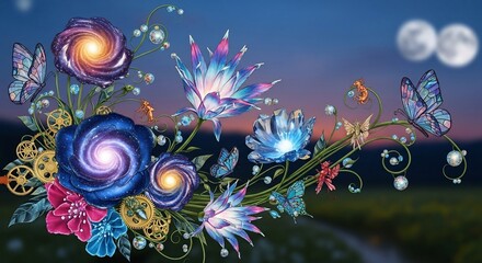 Fantasy flowers butterflies illustration