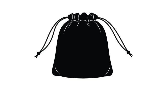 Simple black silhouette of a drawstring bag on a white background