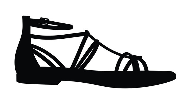 A black silhouette of a strappy gladiator sandal on a white background