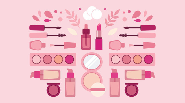 Collection of Pink Makeup Products Arranged Artistically.Mascara, mascara wand, eyeliner, lip gloss, lipstick, eyeshadow palette, blush palette, compact powder, face powder, foundation bottle
