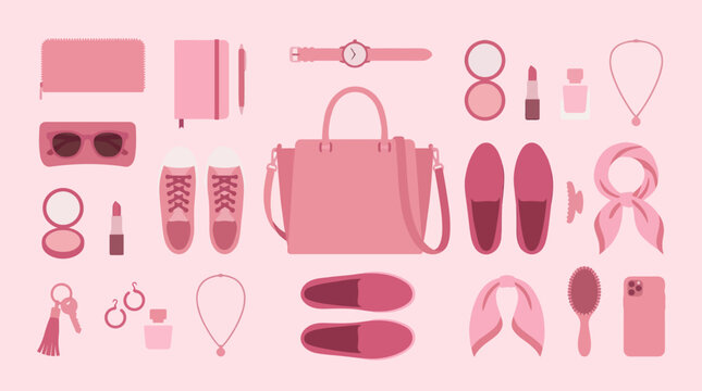Sheet of Pink Women's Accessories and Items.Handbag, sneakers, flat shoes, sunglasses, wrist watch, necklace, necklace pendant, earrings, scarf, headscarf, keychain, lipstick, lipstick tube, perfume