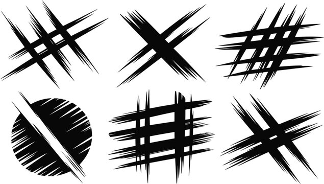 Bold black crosshatch and scratch marks create dynamic abstract texture patterns.