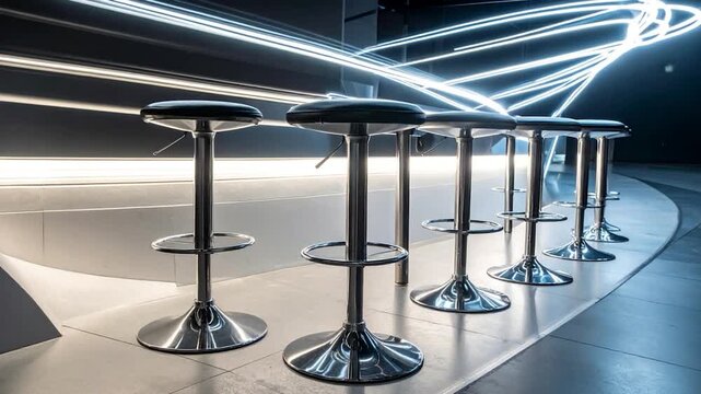 A row of shiny stools in an abstract, illuminated, and modern interior space