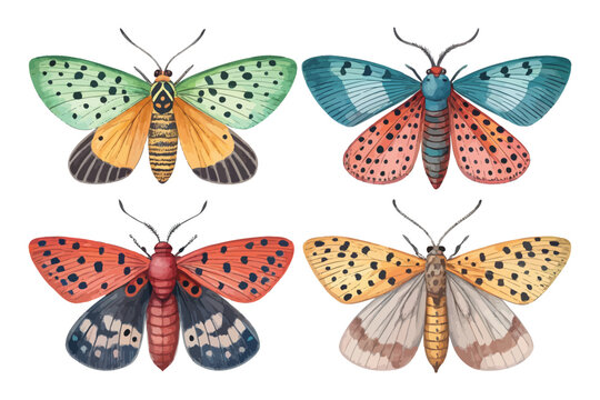 set of Watercolor Lanternfly Illustration, Patterned Wing Insect Clipart, vector isolated on white background