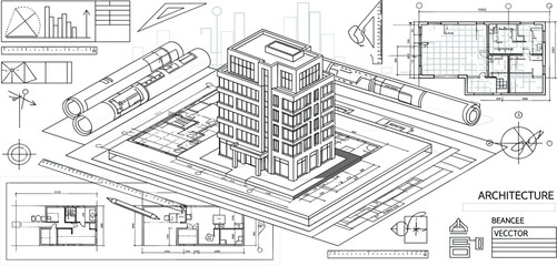 Obraz premium Architectural Blueprint Concept with Isometric Building Model Floor Plans and Technical Drawing Elements for Construction Engineering, Urban Planning, and Professional Design Projects