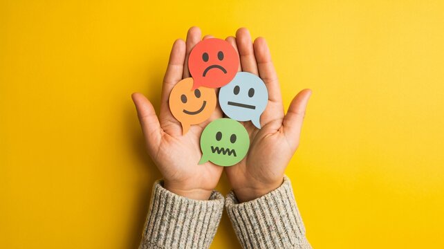 Hands hold colorful speech bubbles depicting different emotional expressions on a vibrant yellow background