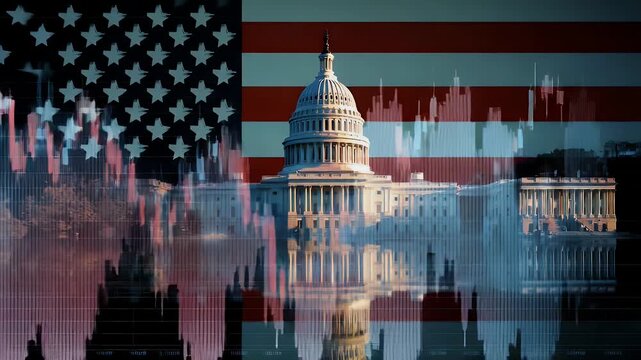 United States capitol building with flag background and flickering financial stock market charts representing economic stability and government fiscal policy in washington dc cinematic clip.