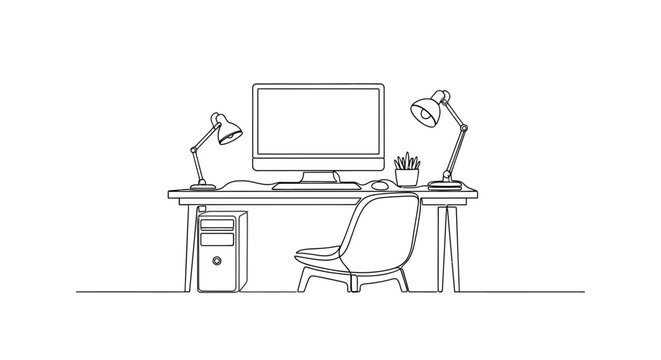 Minimalist Desk Setup with Computer, Chair, and Lamps - Line Art Illustration