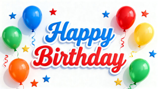 Happy Birthday text with colorful balloons and confetti, a festive greeting for celebrations and special occasions