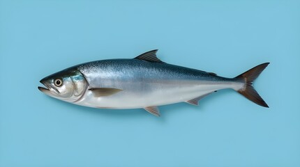 Fototapeta premium Fresh fish on a blue background, with blue and silver body tones. Subtle details such as scales, gills, and reflective highlights enhance realism and texture.