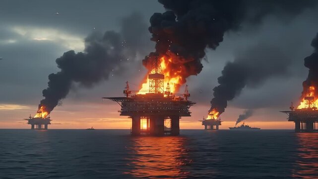 Multiple offshore oil rigs engulfed in flames and thick black smoke under a dramatic, overcast sky at dusk.