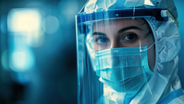 Medical professional in full protective gear, face shield, mask, blue-lit, serious gaze