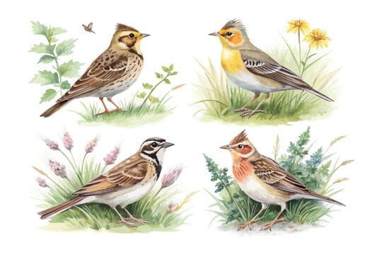 set of Watercolor Lark, Meadow Songbird Art, vector illustration isolated on white background