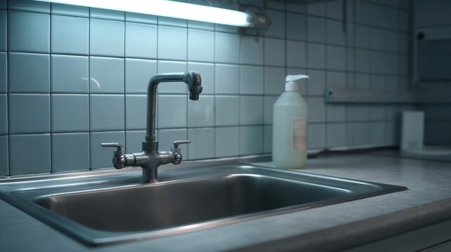 Minimalist Cinematic Still of an Empty Kitchen Sink with Soft Blue Lighting and Clean Surfaces for Modern Decor