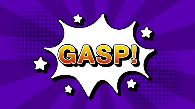 gasp text word lettering popup comic cartoon reveal with bomb and smoke explosion manga anime book page dots with radial speed lines doodle violet background with seamless loop animation retro clip
