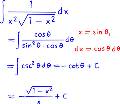 Trigonometric substitution solving integral with sine and cosine, step by step calculus derivation in blue and red on white background.