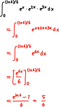 Handwritten calculus steps solving exponential integral, combining powers and evaluating definite integral with limits, clean educational math concept.