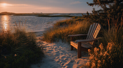 Fototapeta premium Serene Beach Retreat: An inviting wooden chair sits on a sandy beach, inviting the viewer to relax and soak in the tranquil beauty of the sunset over the calm sea.