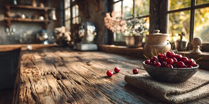 A bowl of ripe cherries sits on a rustic wooden countertop in a cozy kitchen with light streaming in from the window outside in summer.