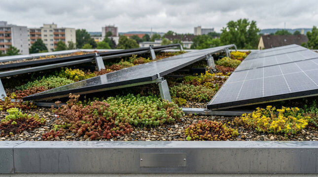 Modern sustainable city building featuring green roof covered in sedum plants integrated with solar panels on cloudy day