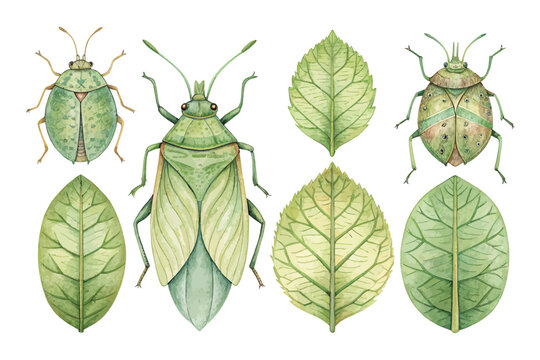 Watercolor Leaf Insect, Camouflage Nature Insect Art, vector illustration isolated on white background