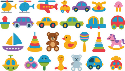 Fototapeta premium Colorful cartoon children’s toys including cars, airplanes, helicopters, ducks, rocking horses, teddy bears, rattles, boats, and submarines, perfect for playtime, education, and stock illustrations