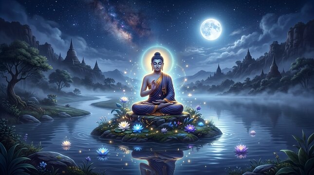 Vesak Day Spiritual Illustration with Buddha Meditation Pose