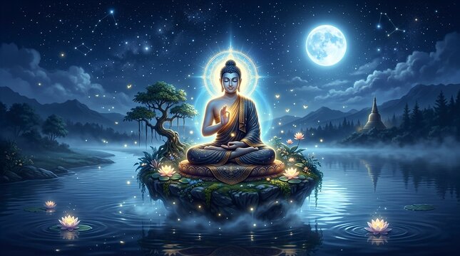 Vesak Day Spiritual Illustration with Buddha Meditation Pose