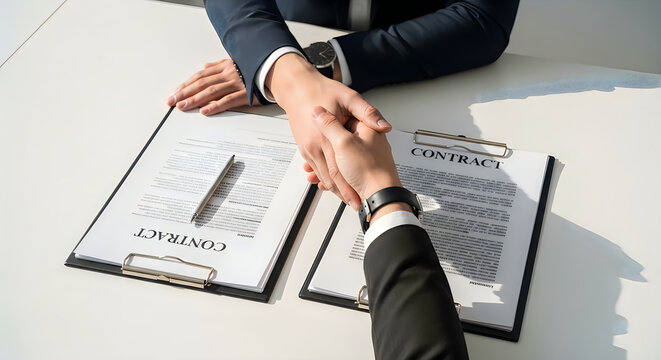 Business deal confirmation a handshake seals an agreement over documents