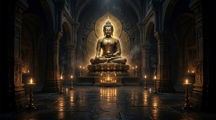 Obraz premium Vesak Festival Background with Meditation Buddha and Glow Effect