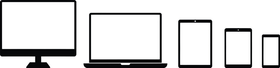 Obraz premium Device icons: smartphone, tablet, laptop and desktop computer. Information technology linear icons collection.