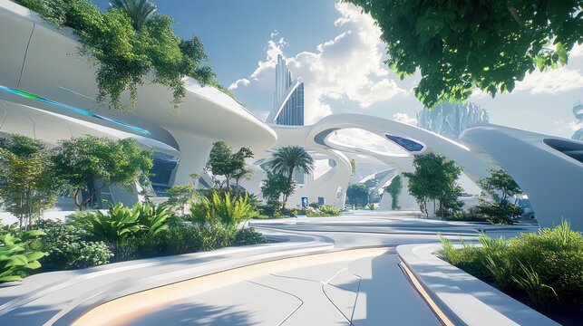 Futuristic Cityscape with Green Architecture and Modern Buildings