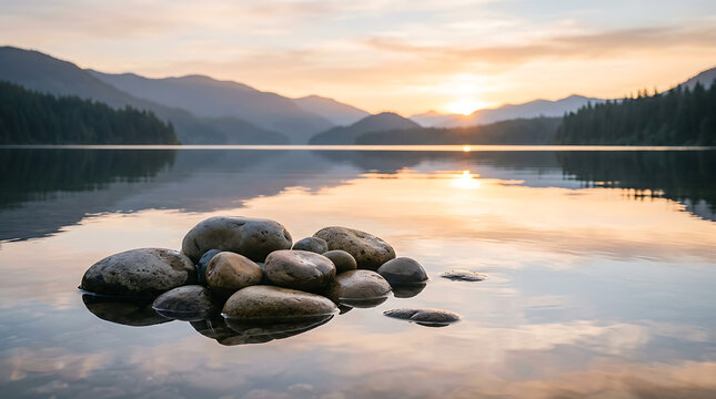 Serene mountain lake at sunrise with stacked rocks in foreground and soft sky reflections