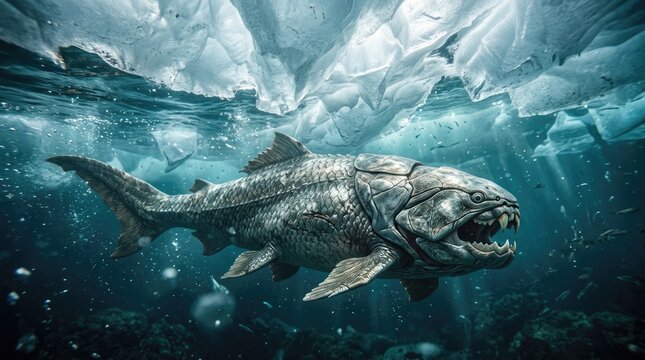 Ancient placoderm swimming beneath thick glacial ice, symbolizing a frigid planet during the Sturtian, Marinoan glaciation, a profound Snowball Earth era