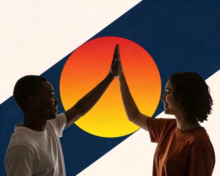 Realistic friends high five gesture, warm sunset lighting Friendship Day concept image