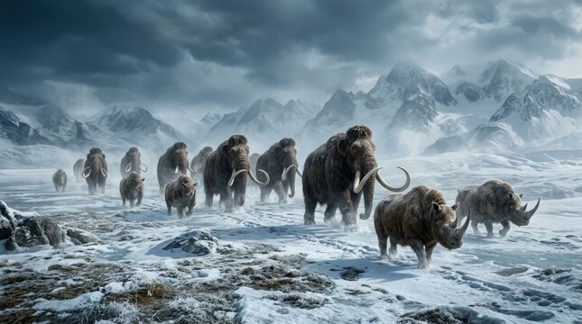 Massive woolly mammoths and rhinos, ancient animals journeying across a frozen planet, a profound Ice Age era, stark Snowball Earth conditions