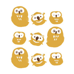 Obraz premium ゆるいイラストセット 違うポーズのフクロウセット 手描き 背景透過 