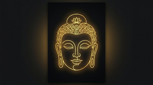 Golden Neon Buddha Head Line Art