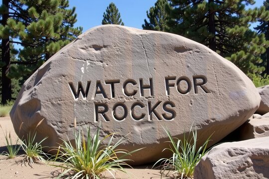 A "Watch for Rocks" sign that is actually carved intricately into the face of a massive, solid boulder.