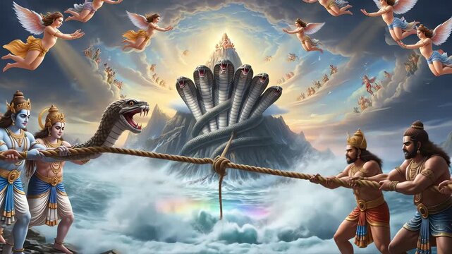 Hindu mythological scene depicting the Samudra manthan, where gods and demons churn the cosmic ocean using a serpent and a mountain.