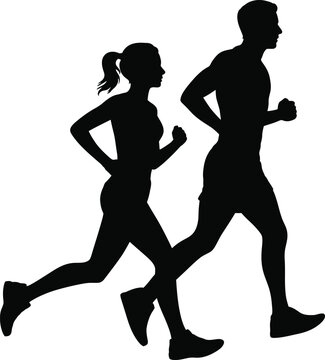 Black silhouette of a man and woman running side by side