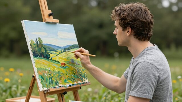Man painting landscape on easel in wildflower meadow outdoors