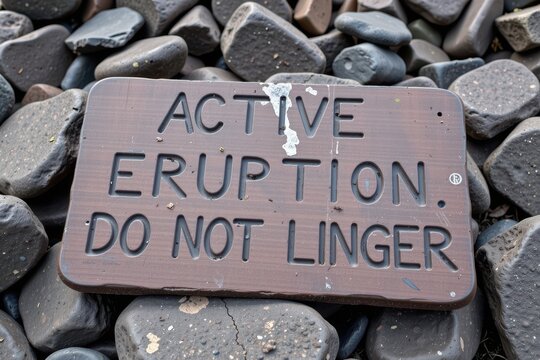 A sign made of volcanic rock slabs reading: "ACTIVE ERUPTION. DO NOT LINGER."