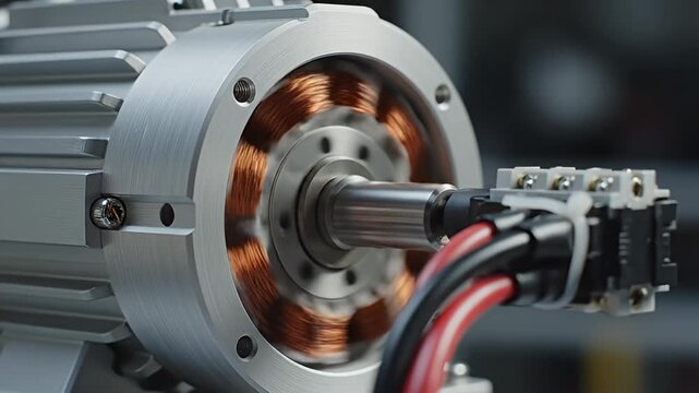 Close-up of electric motor with copper windings and wiring