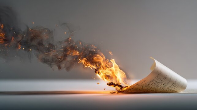Burning paper concept representing destruction, loss, or transition. The flame engulfs the paper, creating an image of change and transformation.