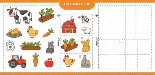 Fototapeta premium PrintKids Farm Cut and Glue Activity Worksheet with Animals, Vegetables, Tractor and Barn, Educational Printable Game for Preschool Learning and Fine Motor Skills Development