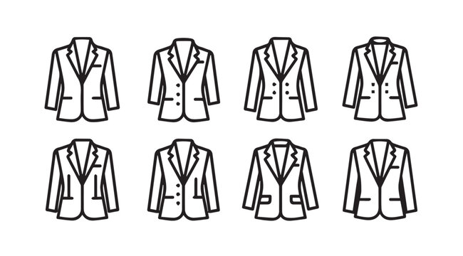 Set of eight blazer jacket outlines on a white background for fashion design